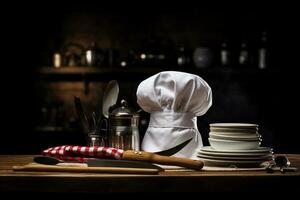 cocinero sombrero y cocina utensilios conjunto en un Clásico cocina foto