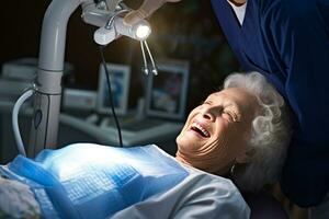 A senior woman happily goes to the dentist for a dental checkup photo