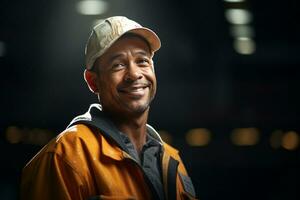 happy male janitor is standing professionally photo