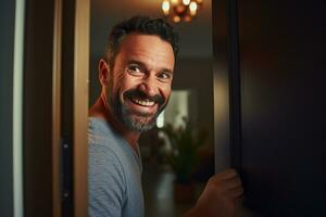 Happy man opens door to welcome neighbor photo