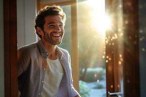 Happy man opens door to welcome neighbor photo