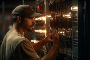 Electrical engineer repairing electrical control panel photo