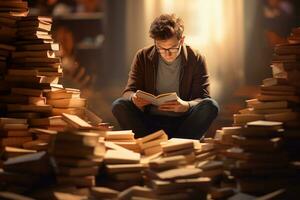 A man sits and reads a book in a library photo