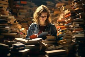 A woman sits and reads a book in a library photo