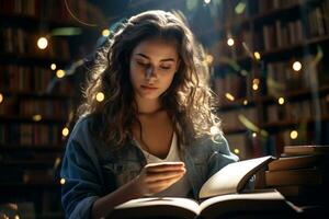 A woman sits and reads a book in a library photo