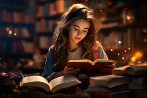 A woman sits and reads a book in a library photo