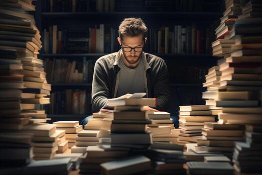 A man sits and reads a book in a library photo