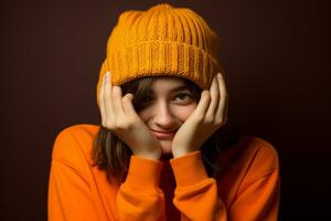 a beautiful female with a orange knitted hat is laughing on background photo