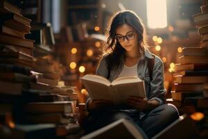 A woman sits and reads a book in a library photo