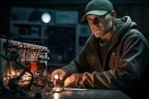 Electrical engineer repairing electrical control panel photo