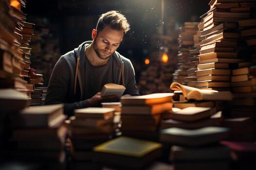A man sits and reads a book in a library photo