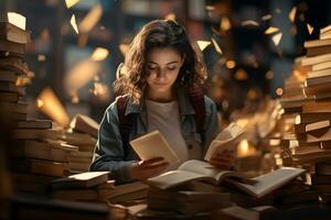 A woman sits and reads a book in a library photo