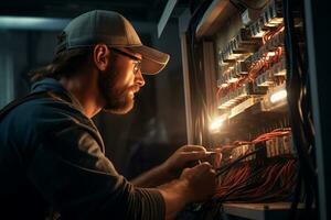 Electrical engineer repairing electrical control panel photo