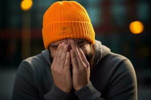 a man with a orange knitted hat is laughing on background photo
