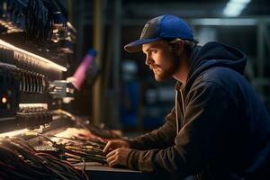Electrical engineer repairing electrical control panel photo