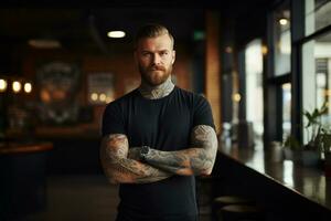 Male barista with tattoo standing in coffee shop photo