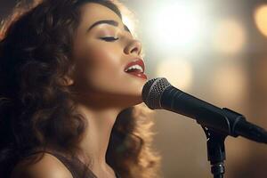 a beautiful female singer with the microphone in vintage style photo