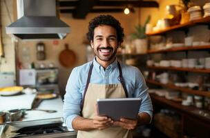 male chef holding a tablet to welcome customers photo