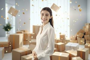 Happy female business owner packing parcels photo