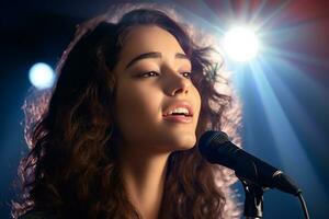 a beautiful female singer with the microphone in vintage style photo