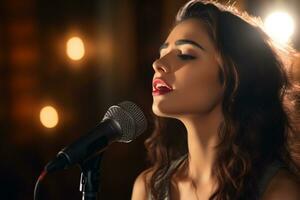 a beautiful female singer with the microphone in vintage style photo