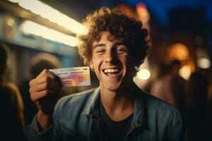 Attractive man showing movie ticket photo