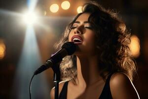 a beautiful female singer with the microphone in vintage style photo