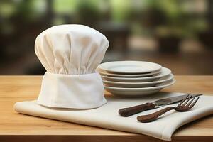 cocinero sombrero y cocina utensilios conjunto en un Clásico cocina foto