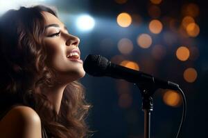 a beautiful female singer with the microphone in vintage style photo