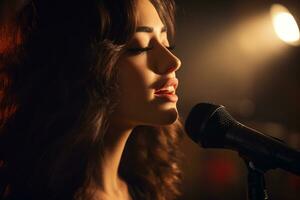 a beautiful female singer with the microphone in vintage style photo