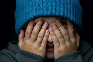 a boy with a blue knitted hat is laughing on background photo