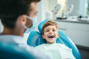 A boy happily goes to the dentist for a dental checkup photo