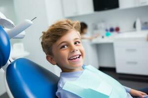 A boy happily goes to the dentist for a dental checkup photo