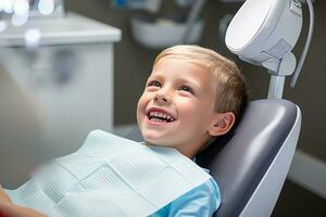 A boy happily goes to the dentist for a dental checkup photo