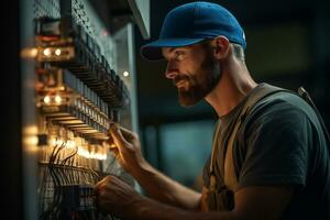 Electrical engineer repairing electrical control panel photo