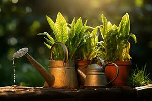indoor plant pots and watering cans photo