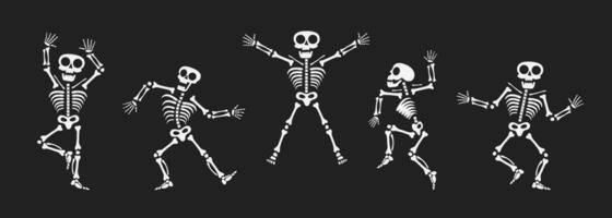 Skeletons dancing with different positions flat style design vector illustration set.