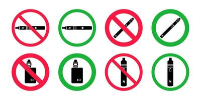 No vaping and vaping area signs. Red forbidden and green allowed circles signs icon set vector