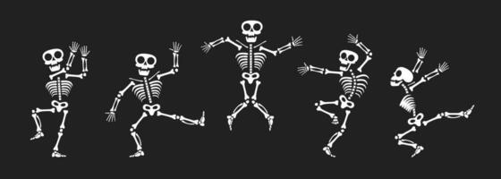 Skeletons dancing with different positions flat style design vector illustration set.