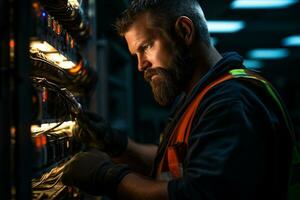 Electrical engineer repairing electrical control panel photo