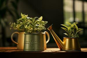 indoor plant pots and watering cans photo