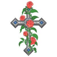 Vector design of Christian cross surrounded by roses, symbol of the Catholic religion, Christian cross with diamonds and petals