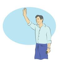 smiling man with hand raised in greeting on blue copy space illustration vector hand drawn isolated on white background