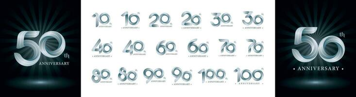 Set of 10 to 100th Anniversary logotype design, Twist Ribbons Logo, Origami stylized Number vector