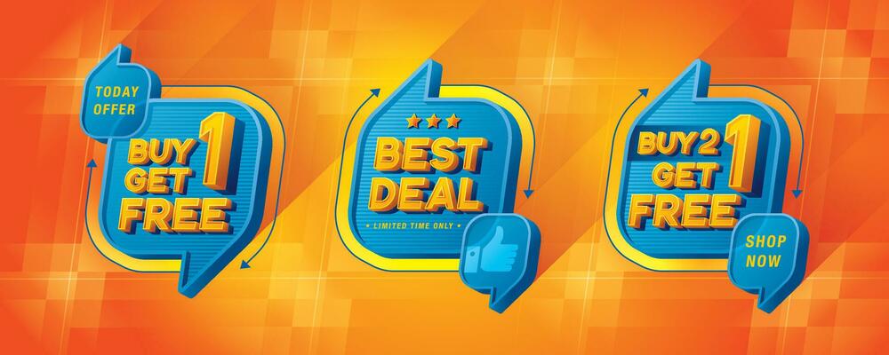 Buy 1 get 1 free, Best Deal, Buy 2 get 1 free tag and discount label sign, Abstract Blue Speech Bubble