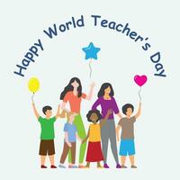 Happy Teachers Day Poster and happy kids holding balloons with the teacher vector