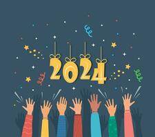 Raised hands of happy people celebrating New Year 2024. Crowd of people at party. People celebrate. Firecrackers, confetti, fireworks, carnival. New Year greeting card. Vector illustration.