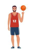 contento hombre baloncesto jugador en uniforme con pelota aislado en blanco antecedentes. vector ilustración.