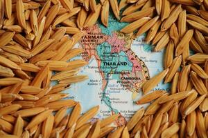 Bangkok, Thailand March 12, 2023 Thailand map with grain rice from agriculture farm. Law and justice court concept. photo