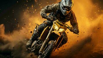 un motociclista en un motocicleta con rapidez paseos mediante el suciedad y polvo en el pista durante un motocross competencia foto